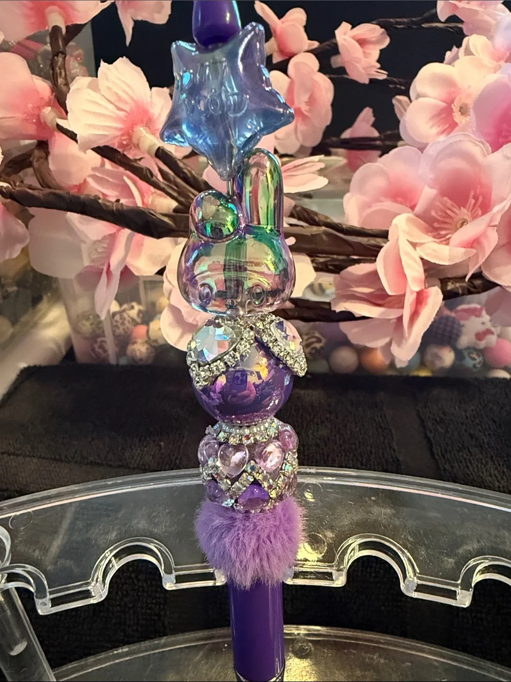 Purple Decorative Star Bunny Gel Pen with Pom Pom Accent